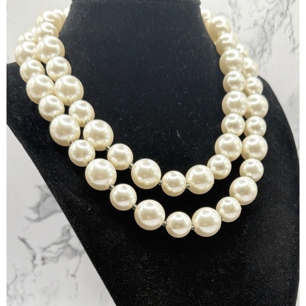 Chunky Faux Pearl Double Strand Necklace 12-14mm Beads 15-16.5"